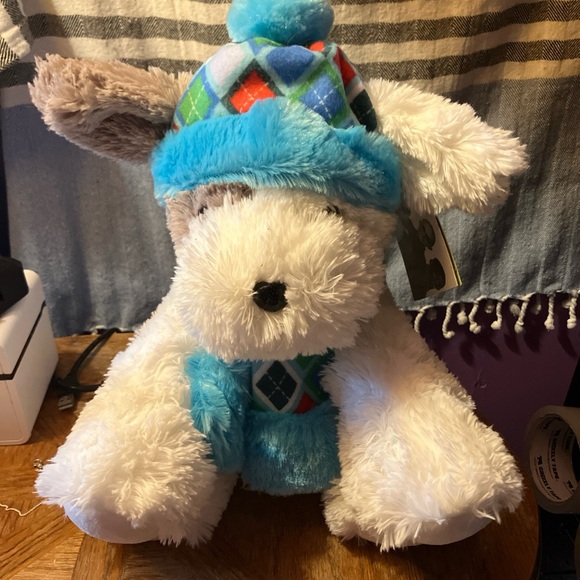 Plush Dog Toy with Blue Argyle Hat and Scarf - Picture 1 of 8
